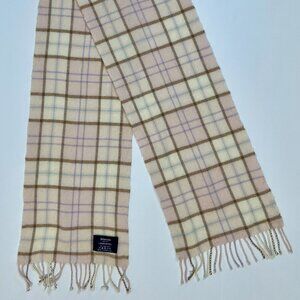 Johnstons lambswool wool plaid scarf pink beige tan cream blue purple fringe